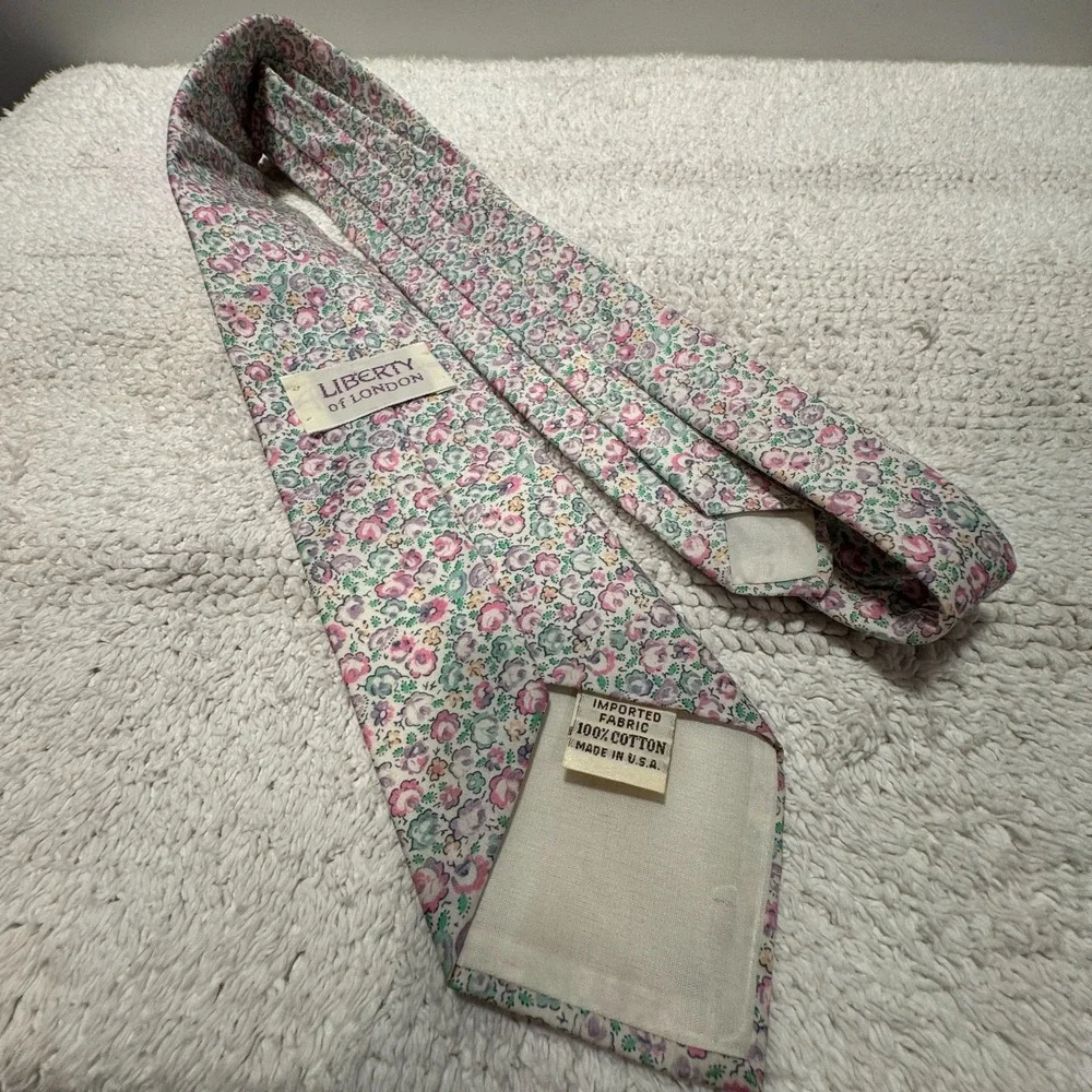 Liberty of London Tie Mens OS Pink‎ Green Floral Cotton Vintage Designer Wedding
